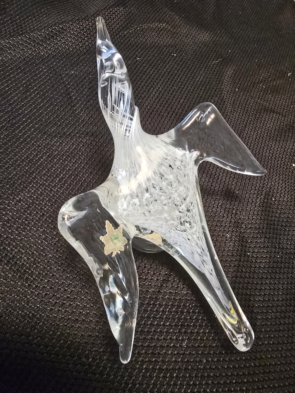 Vintage Altaglass Art Glass Bird – Clear Glass with White Ribbon Made in Canada